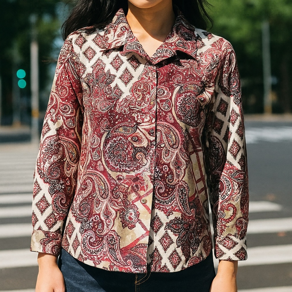 Chicos Blouse Womens Plus Sz 3/3X Pink Purple Paisley Cottagecore Career Artsy